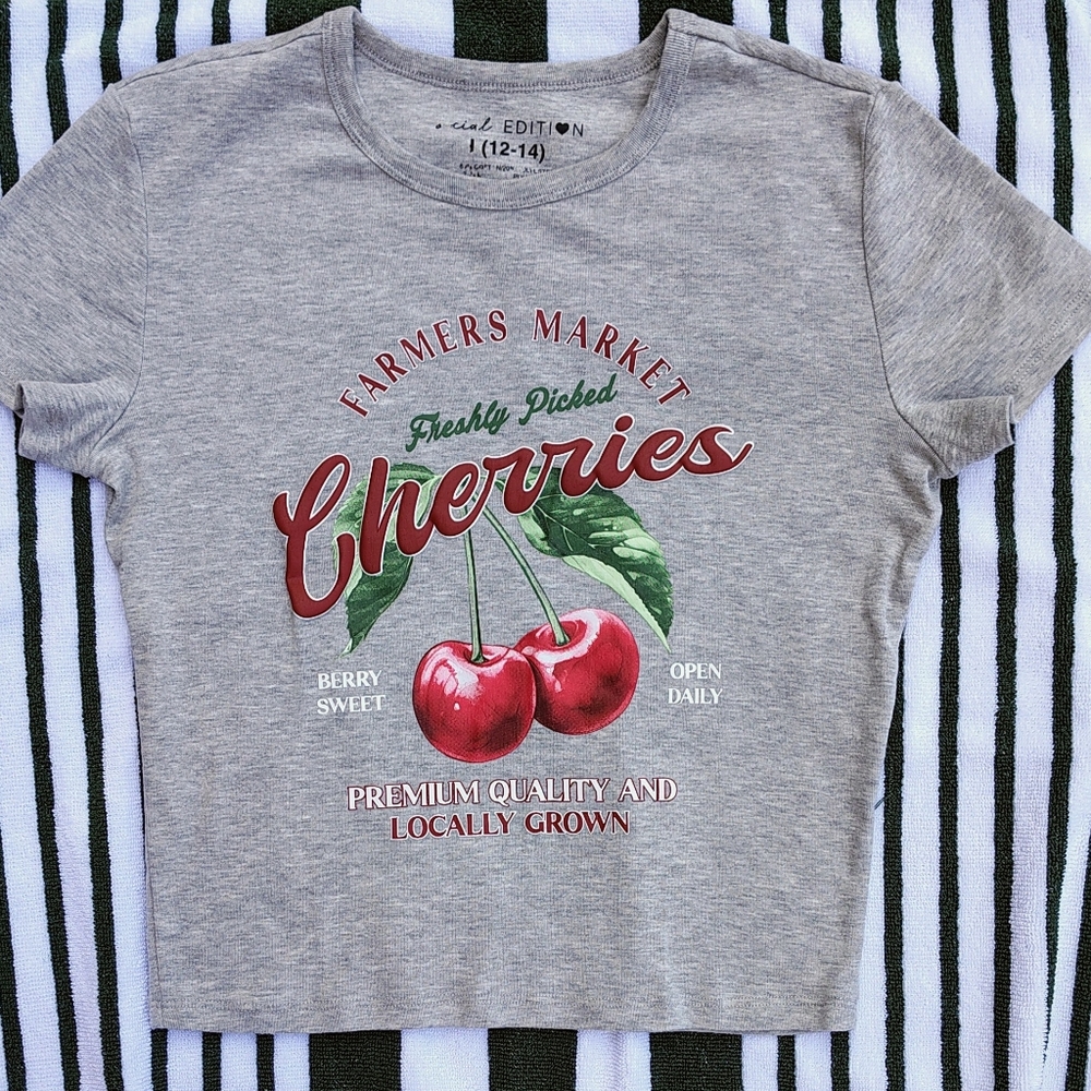 FARMER'S MARKET 🍒 CHERRIES TEE TOP HOMEGROWN COTTAGE CROPPED SZ XS-S OR KIDS L.